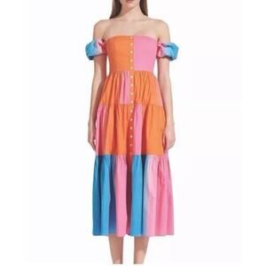 Staud Elio Dress in Hibiscus Multicolor Off The Shoulder Tiered Dress Size 2 NWT